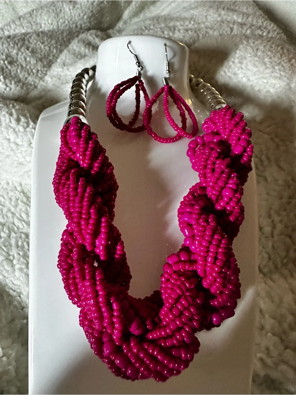 Handcrafted Hot Pink Beaded Necklace & Earrings Set